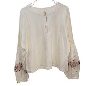 Cost Plus World Market Cream Blouse with Embroidered Sleeves sheer poof Sleeves